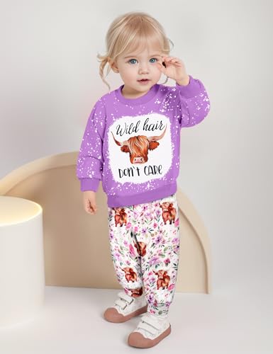 Image of Toddler Girl Clothes Fall Winter Outfits Wild Hair Don't Care Highland Cow Sweatshirt Pants Western Cowgirl Outfit