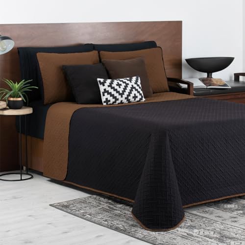Camas para Perro, Kitchen REAL TEXTIL Edredón Ligero Colcha Doble Vista con Fundas de Almohada, Capitonado sin Hilos (Negro - Ocre, Mat)