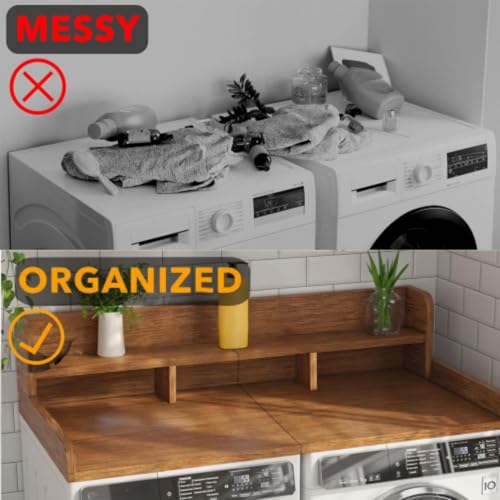 CuisinSmart Washer Dryer Countertop with 2-Tier Shelf, Wood Laundry Countertop Over Washer and Dryer with Edge, 54" Width x 27.5" Depth Laundry Hamper Table Top Storage Organization Walnut