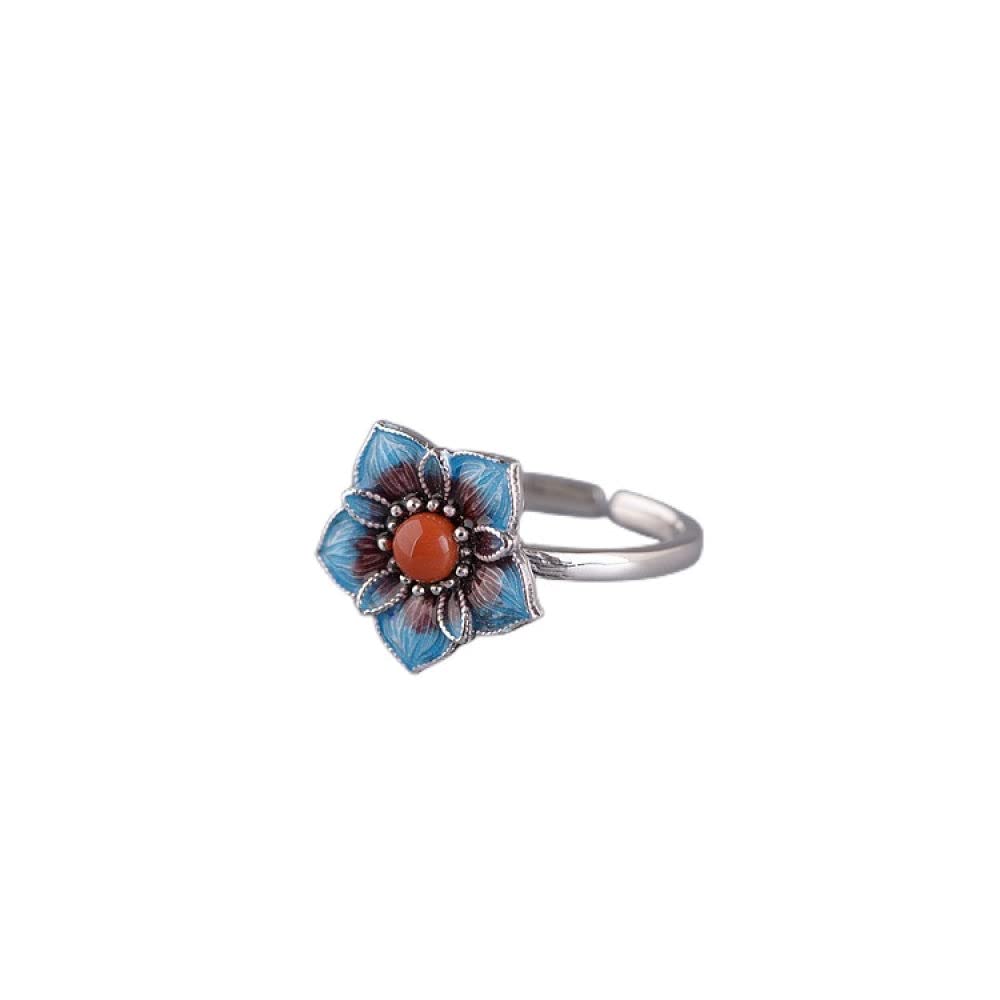 Ring Silber 925 Damen, S925 Sterling Silber Cloisonne Blumen Roter Achat Ring Verstellbare Ringe Retro Zeigefinger Ring Silber Ewigkeitsring Hochzeit Charme Schmuck Geschenke Für Männer Mädchen D