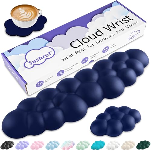Image of Sushret Cloud Wrist Rest Keyboard, Cloud Keyboard Wrist Pad Set with PU Leather Memory Foam, Cute Arm Rest for Palm Support, PC /Gaming Desk Accessories /Office Setup /Computer Hand Cushion - Dark Blue