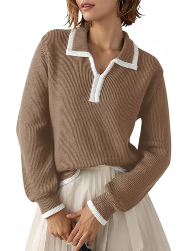 Dokotoo Sweaters for Women Fashion Long Sleeve Lapel Collar V Neck Casual Knit Color Block Pullover Sweater Jumpers Tops