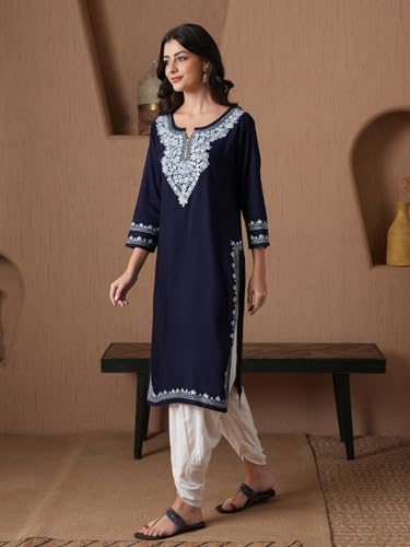 Image of QAZMI Women's Aari Embroidered Viscose Rayon 3 /4 Sleeves Keyhole Neck Straight Kurta