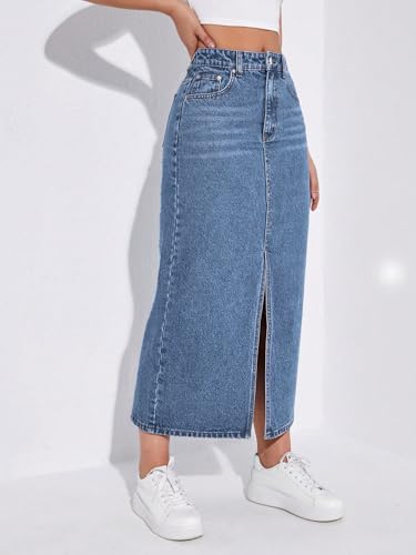 Image of Shasmi Women's Spring /Summer Casual Front Split Thigh Straight Denim Skirt ll Denim Skirt for Women Long ll Skirt & top for Women ll Skirts for Women Long Length (Skirt 159)