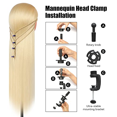 Foto von Trainingsköpfe, 28 inch Frisierkopf für Frisöre 100% Synthetikfaser-Haar Übungskopf,mit DIY Stricken Kit und kostenlose Tabelle Clips (Blond)