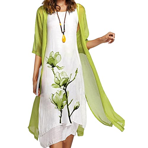 Womens Two-Piece Set Floral Print Midi Dress with Cardigan Chiffon Sleeveless Plus Size Wedding Guest Dresses