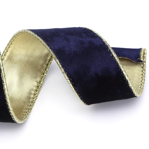 Image of Ribbli Navy Velvet Wired Ribbon 1.5 Inch Metallic Navy Blue Gold Crushed Velvet Christmas Ribbon for Gift Wrapping Christmas Tree Decoration Crafts Wreaths Supplies-Continuous 10 Yards