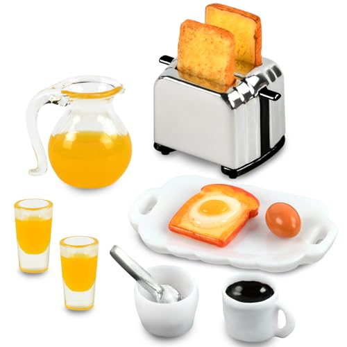 Miniatura Cocina Accesorio para Casa de Muñecas, Comida de Juguete para Casa de Muñecas, Miniatura Tostadora, Pan, Zumos, Huevos, Tazas, Cucharas, Decoración de Casa de Muñecas Miniatura