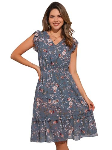 Image of Allegra K Women's Floral Dress Spring Summer V Neck Flutter Sleeve Ruffle Casual Smocked Knee Length Dresses