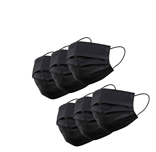 (Sealed Dispenser Box of 50) 3 Layer Disposable Protective Face Masks with Nose Clip and Ear Loops (black)