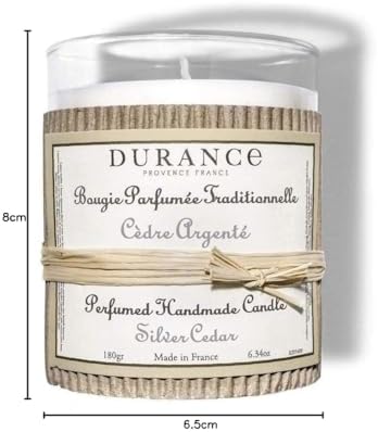 Durance Silver Cedar Perfumed Handmade Candle 180g – Luxury Scented Candle with Glass Jar – 40hrs Long Burning Candle - Home Fragrance Aromatherapy Candle