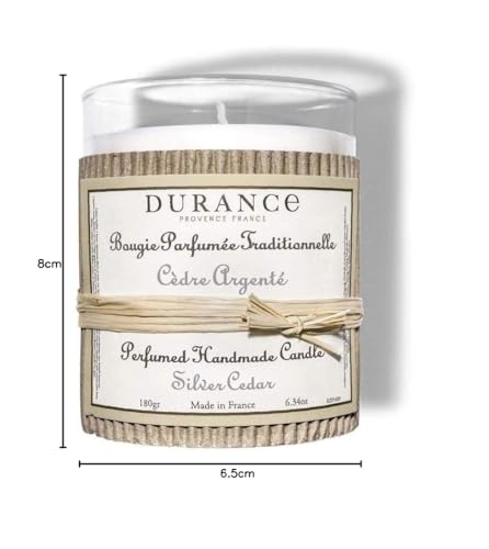 Durance Silver Cedar Perfumed Handmade Candle 180g – Luxury Scented Candle with Glass Jar – 40hrs Long Burning Candle - Home Fragrance Aromatherapy Candle