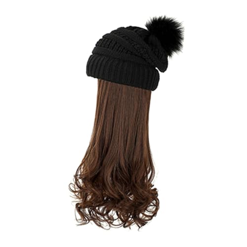 Postiche longue ondulée amovible sur bonnet en tricot noir contre le vent glacial