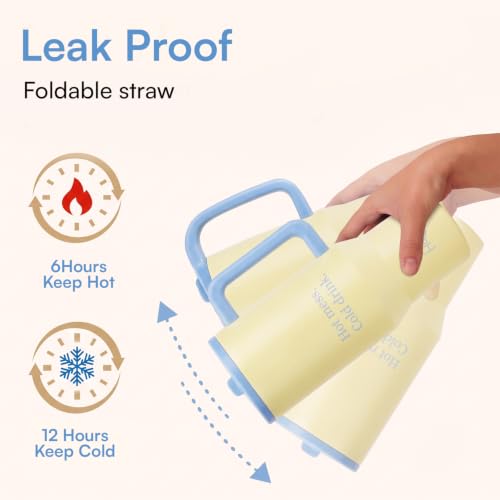 Image of House of Quirk 1200ML Tumbler with Handle & Simple Flip Straw - Car Cup Holder Friendly, Leak Resistant Water Bottle-Reusable Insulated Stainless Steel & Rubber Base (Butter Yellow)