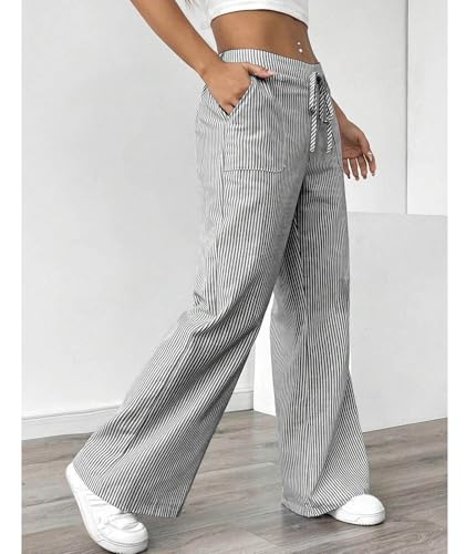 SEMATOMALA Women's Striped Wide Leg Lounge Wear Pants Elastic Waist High Waisted Trousers with Pockets3
