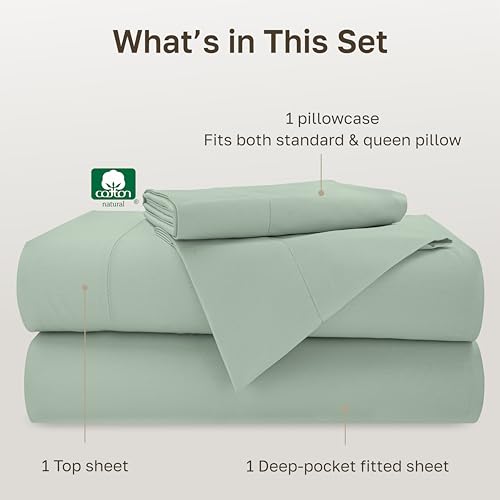 Image of California Design Den 500TC 100% Cotton Twin Sheets Set, Sea Glass Sage | Good Housekeeping Seal, OEKO-TEX Certified, Silky-Soft Sateen Weave, 3pc Set, 15 inch Deep Pockets, For Hot Sleepers, All-Season
