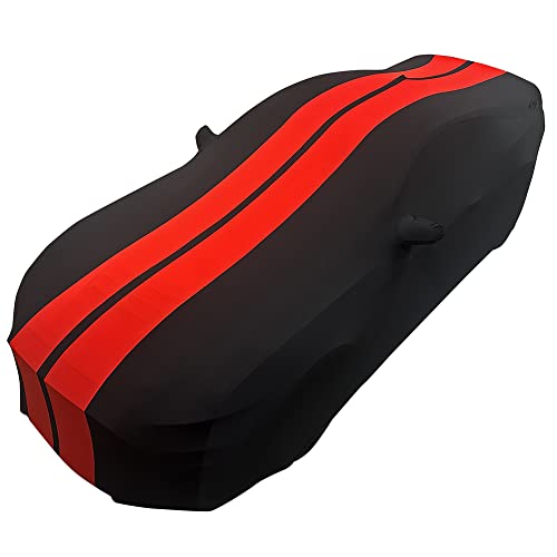 Image of SR1 Performance USA Mustang Indoor Car Cover 2005-2024 - Ultraguard Stretch Satin Custom Fit, Dust Cover, Breathable Scratch-Resistant Sport Series Stripe (Black /Red)