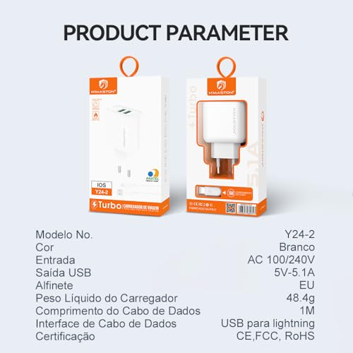 H'MASTON Carregador Turbo USB-C Fonte Carregador 25W + Cabo Lightning Com 2 Saída USB Compatível co