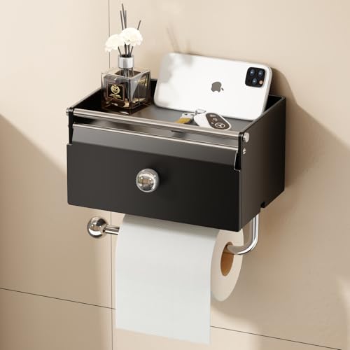 Voldra Toilet Paper Holder with Shelf Flushable Wipes Dispenser for Bathroom Adhesive Toilet Paper Roll Holder with Storage Wall Mount Stick On Bathroom Tissue Holder Front Flip Design (Matte Black)