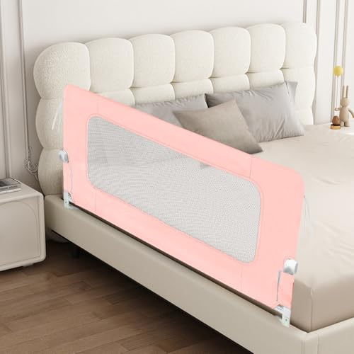 LANTUS Barriera Letto per Bambini, Sponda Letto Bambini Anticaduta, Barra di Sicurezza con Doppio Blocco, Rete Traspirante, Sbarra da Letto per Letti Singoli e Matrimoniali,150 * 73-86cm - Rosa