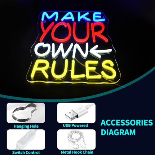 Image of Make Your Own Rules Neon Sign, JGHTURIE Neon Signs for Wall Decor White Light Up Sign Game Room Office Bar Party Led Sign Decor, USB Powered