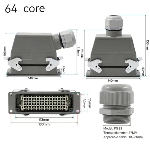 Conector rectangular industrial de 64 núcleos HDC-HDD-064-1 de 250V y 10A para engarzado 3