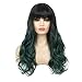 Dai Cloud Black Green Wigs With Bangs for Women Long Wavy Curly Hair Wig Dark Roots Wigs for Women Cosplay Party Daily Use