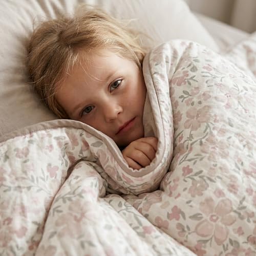 Image of MakeMake Organics Organic Twin Comforter GOTS Certified Organic Kids Blanket Cotton Infill Tufted - Reversible Ultra Soft Breathable Boys Girls (68 inchx88 inch, Blossom + Solid Taupe)