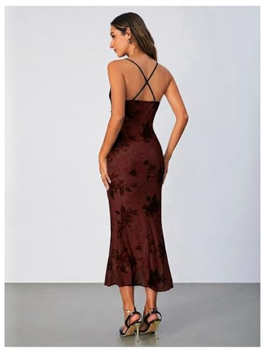 Image of SOLY HUX Women's Floral Mesh Bodycon Cami Dress Cowl Neck Sleeveless Cocktail Party Wedding Guest Long Maxi Dresses