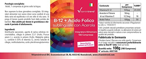 Vitamintrend Vitamin B-12 + Folsäure sublingual mit Acerola, 180 Tabletten, hochdosiert mit 500µg Vitamin B12, Nahrungsergänzungsmittel vegan ohne Magnesiumstearat, in Deutschland hergestellt