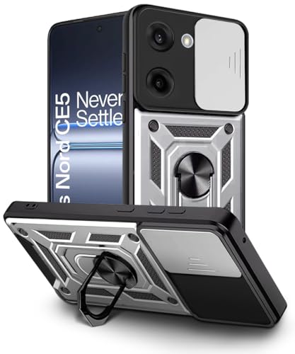 Image of WOW IMAGINE Tough Armor Bumper Mobile Back Case for 1+ OnePlus Nord CE 5 5G | Sliding Camera Shield Cover | Shock Proof 360 Protection | Hybrid PC + TPU | Ring Holder with Kickstand - Silver