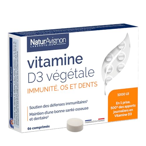 NaturAvignon Vitamine D3 1000 UI | 500% des apports journaliers | Immunité adulte, Os & Dents | Vitamine D végétale à base de lichen | Vitamine D 1000 ui | 60 comprimés