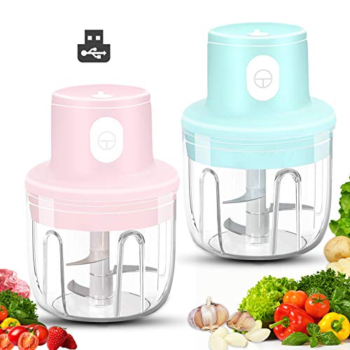 Wireless Mini Garlic Chopper, 2 Pack Electric Small Food Processor, 250ML Portable Food Chopper for Onion Vegetables Meat Baby Food Ginger Pepper Nut