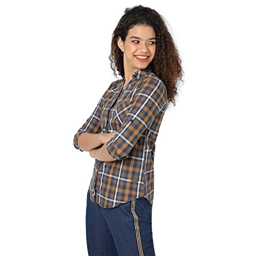 Image of PINACOLADA Women's Navy Blue & Yellow Ochre Tartan Plaid Shirt for Casual Wear | Spread Collar | Long Sleeve | Button Closure | Shirt Crafted with Comfort Fit for Everyday Wear