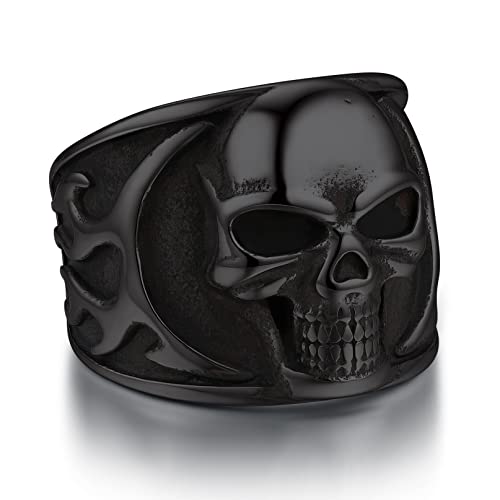 Bandmax Black Skull Ring for Men Size 14 Stainless Steel Chunky Biker Skull Rings Flame Skull Rings Blazing Skull Rider Ring Punk Jewelry