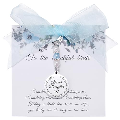Ralukiia Something Blue for Daughter in Law, Bridal Bouquet Charm for Bride, Gift for Bonus Daughter on Wedding Day, Bridal Shower Gift, Blue Pearl Wedding Charm from Mother in Law