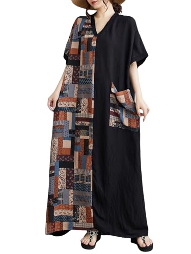 Women Plus Size Dress V-Neck Short Sleeve Unique Artistic Print Patchwork Casual Loose Dresses with Pockets
