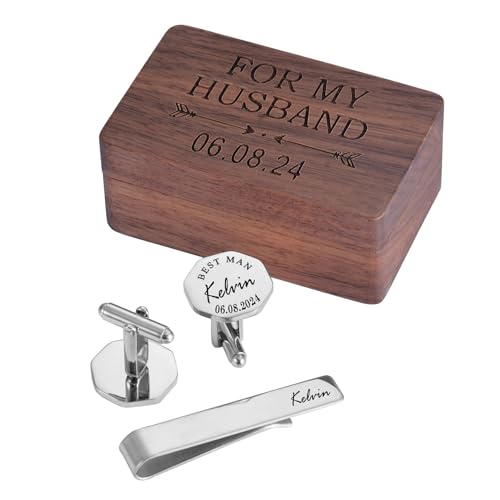 Father Of The Bride Gift, Personalized Groomsman Wedding Cufflinks Gift Set for Him in Wooden Box,Custom Engraved Letter Cuff Links For Groom Gift