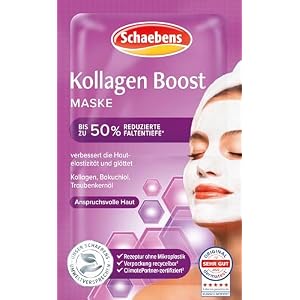 Schaebens Kollagen Boost Maske – die Intensivpflege für glattere und jünger aussehende Haut mitKollagen, Bakuchiol und Traubenkernöl für anspruchsvolle Haut, 2 Anwendungen