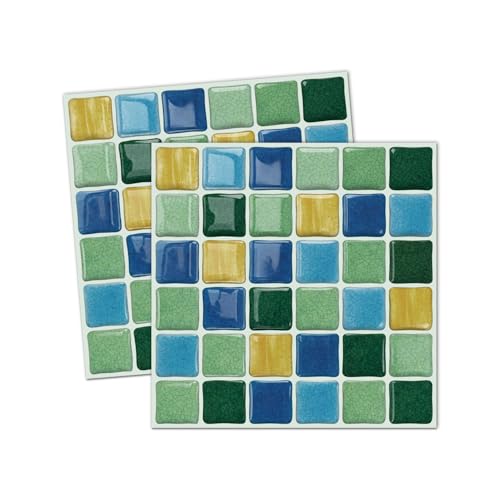 Image of Alwayspon 15x15cmx10Pcs 3D Mosaic Self Adhesive Wall Tile Sticker Transfers, Peel and Stick Adhesive Waterproof Splashback Stick on Tile Decals for Kitchen Bathroom Wall, Yellow Blue Green