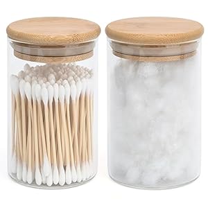 BKYFPQ 2 Pack Glass Qtip Holder Dispenser Bathroom Jars with Bamboo Lids, Cotton Ball Pad Round Swab Holder for Bathroom Accessories Storage Organizer,Farmhouse Bathroom Decor, Boho Bathroom Decor.