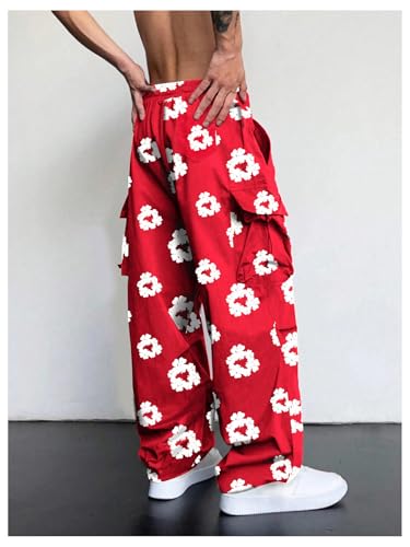 OYOANGLE Men's Flower Print Cargo Pants Drawstring Waist Flap Pocket Y2K Baggy Parachute Trousers2