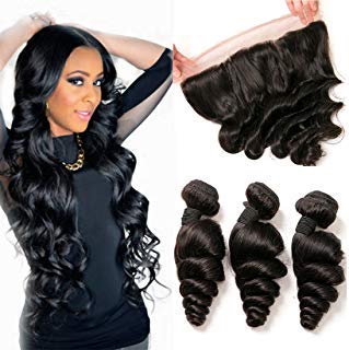 DAIMER Brazilian Cheap Human Hair Loose Weave 3 Bundles With Lace Frontal Closure Unprocessed Virgin hair Mixed Length Natural Black Color(22 24 26+20inch, 1B)