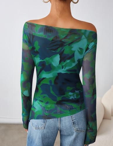 ZESICA Women's Floral Mesh Long Sleeve Going Out Tops 2025 Fall Sexy Off The Shoulder Blouse Asymmetrical Date Night Shirts4