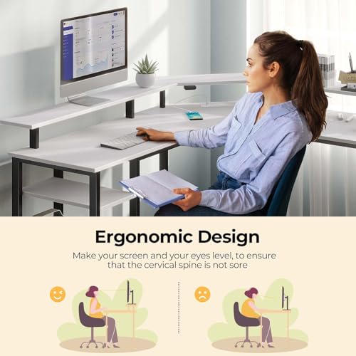 Image of Rolanstar L Shaped Gaming Desk with LED Lights & Power Outlets, 55.1 inch Computer Desk with Full Monitor Stand & Storage Shelf, Corner Desk with Hooks, White Desk Reversible