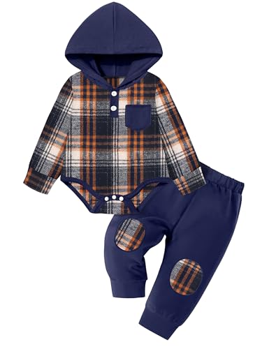 Fommy Baby Boy Clothes 3-6 Months Fashion Infant Boy Outfits Baby Deep Blue Flannel Plaid Long Sleeve Hoodie Romper & Deep Blue Pants Fall Winter 2 Pcs Clothes for Boy
