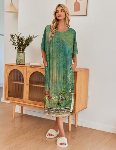 Image of Ekouaer Women's Nightgown Short Sleeve Sleepshirt Long Loungewear Casual Maxi Lounge Dress House Dresses with Pockets