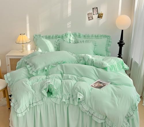 LMONMOO Green Duvet Cover Queen, Chic Lace Bedding Set with Double Ruffle, 3 Pieces Luxury Princess Style Comforter Cover Soft Breathable for Girls Kids Teen, All Season (Green, Twin)