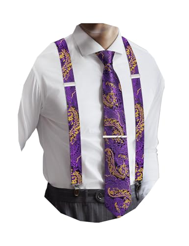 Image of Barry.Wang Men Suspender Set with Necktie Elastic Y Type Heavy Duty 6 Clips Braces Tie Handkerchief Cufflink Pin 6PCS