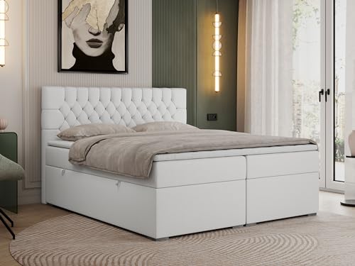MKS MEBLE Boxspringbett 200x200 cm mit Bettkasten, Premium Multipocket Matratze H3 mit Topper T25, Doppelbett mit Kopfteil PERA - Weiß Kunstleder